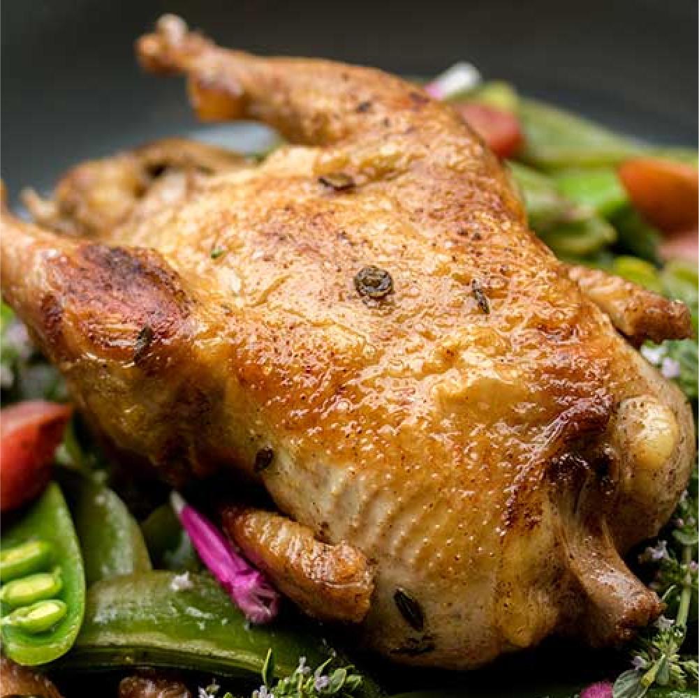 Thyme & Brown Butter-Basted Partridge with Rhubarb & Snap Peas